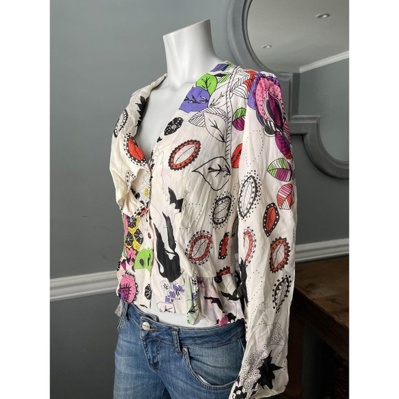 CHACOK Printed Silk V Neck Button Front Blouse - 2 - Picture 5 of 6